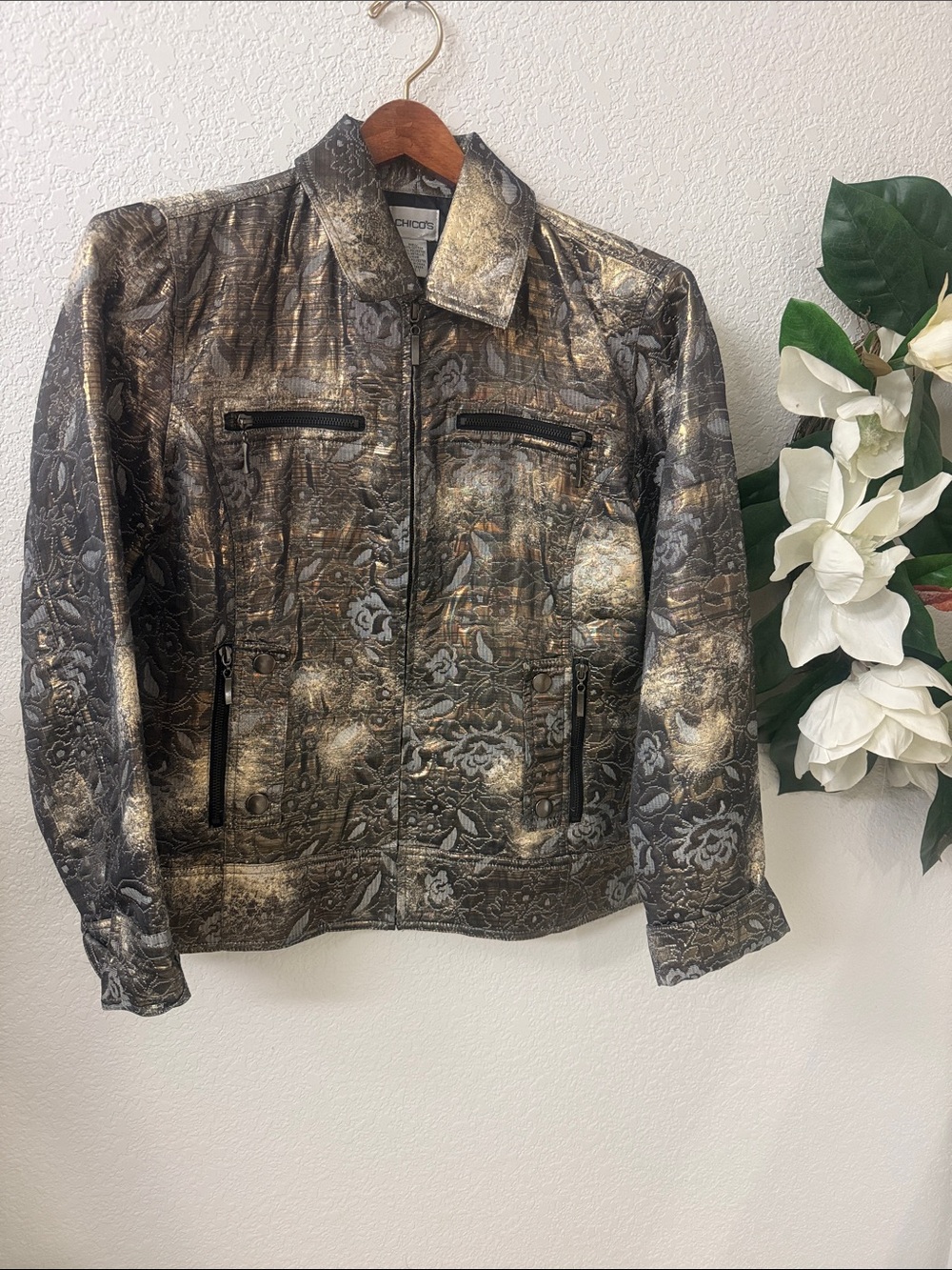 Chico's Metallic Gold, and light blue Patterned Bomber Jacket